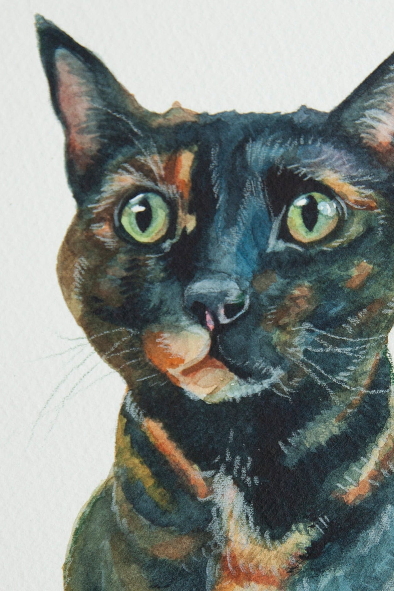 closeup of a watercolor painting of a tortoise shell cat